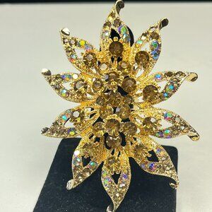 Oversized Gold-Tone Champagne Crystal Flower Cocktail Ring Adjustable